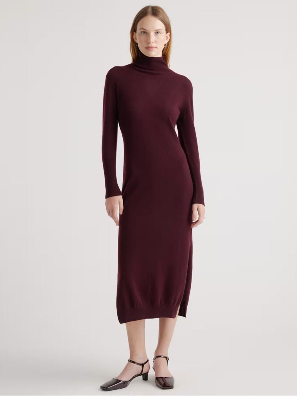 Quince Mongolian Spring Cashmere Turtleneck Midi Sweater Dress in Burgundy